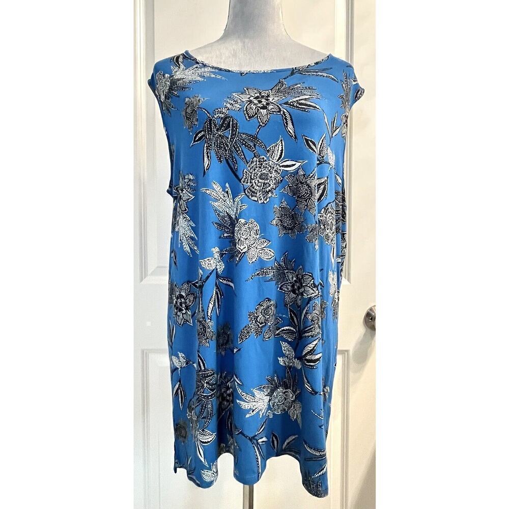 J Jill Wearever Collection Top Womens Sz L Blue Tropical Leaves Sleeveless